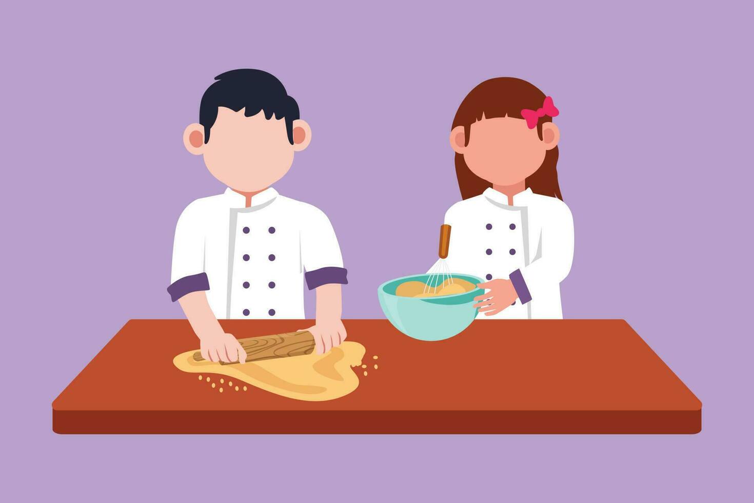 dessin animé plat style dessin adorable Fratrie garçon et fille cuisson ensemble avec roulant épingle à cuisine comptoir. content enfant fabrication fait maison boulangerie à maison. amusement cuisson. graphique conception vecteur illustration