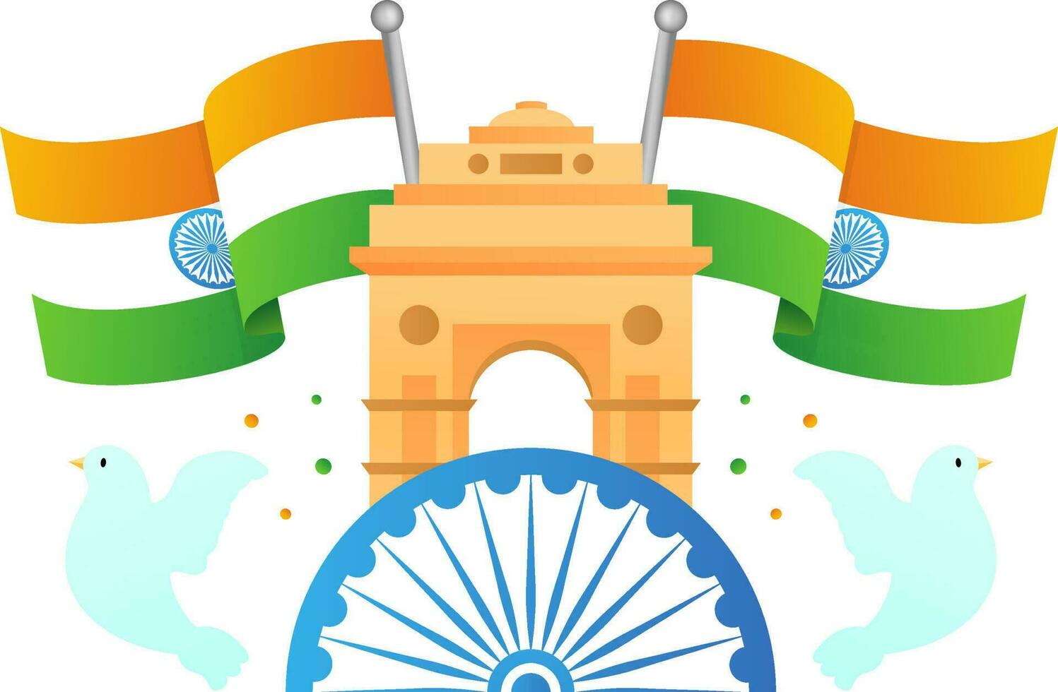 isolé Inde porte monument avec moitié ashoka roue, ondulé drapeau et en volant colombes copie espace Contexte. vecteur