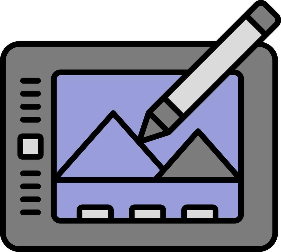dessin paysage tablette avec stylo violet et gris icône. vecteur