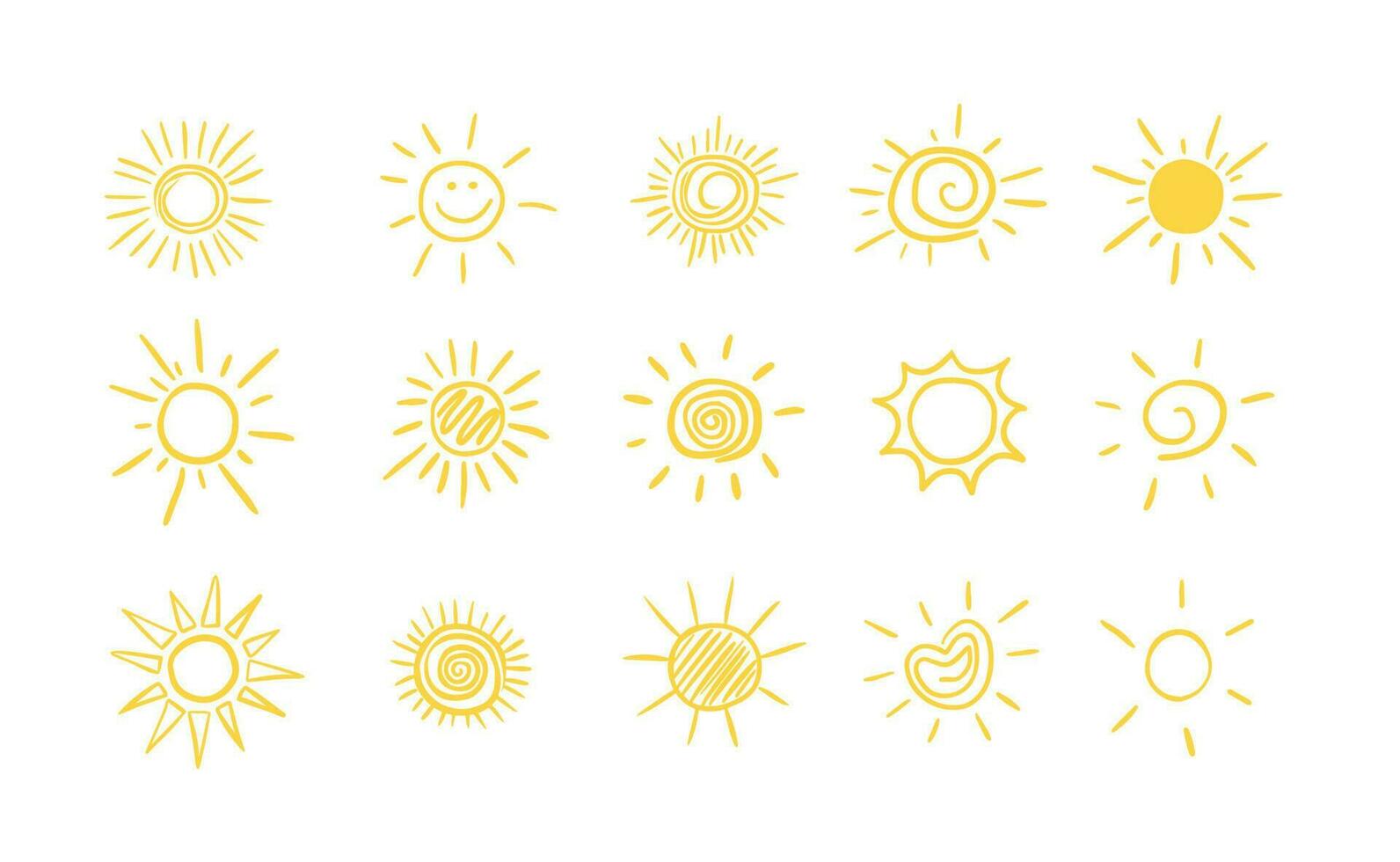 Soleil icône vecteur symbole set.vector illustration.set de différent soleils dans griffonnage style.