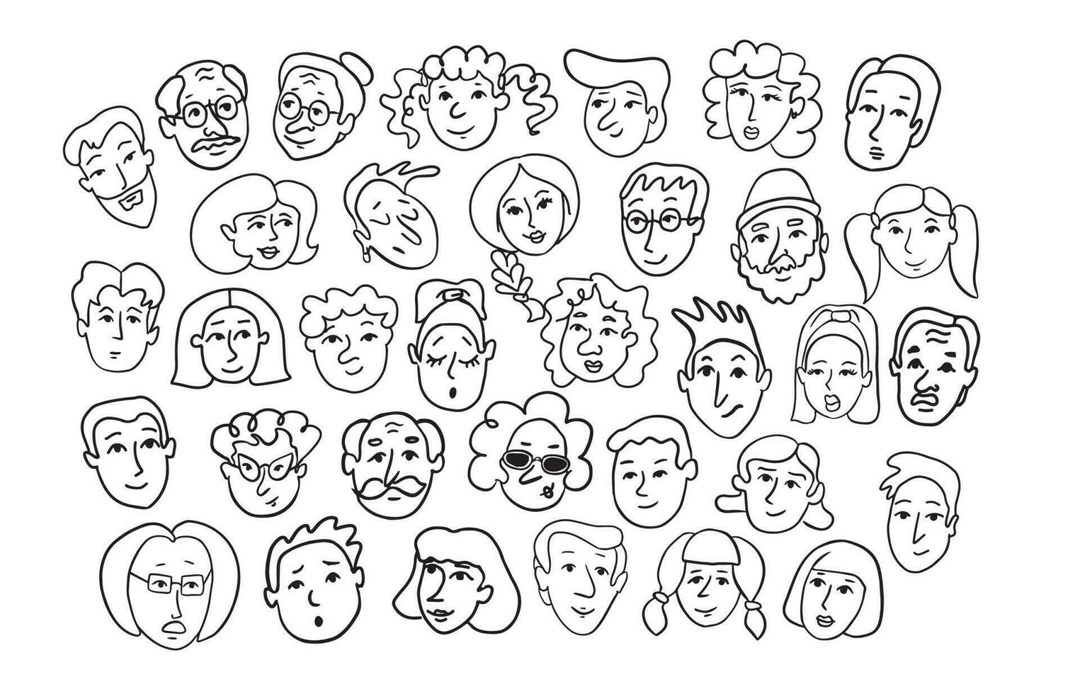 ensemble de gens visages main tiré dans griffonnage style.social réseau concept.vecteur illustration. vecteur