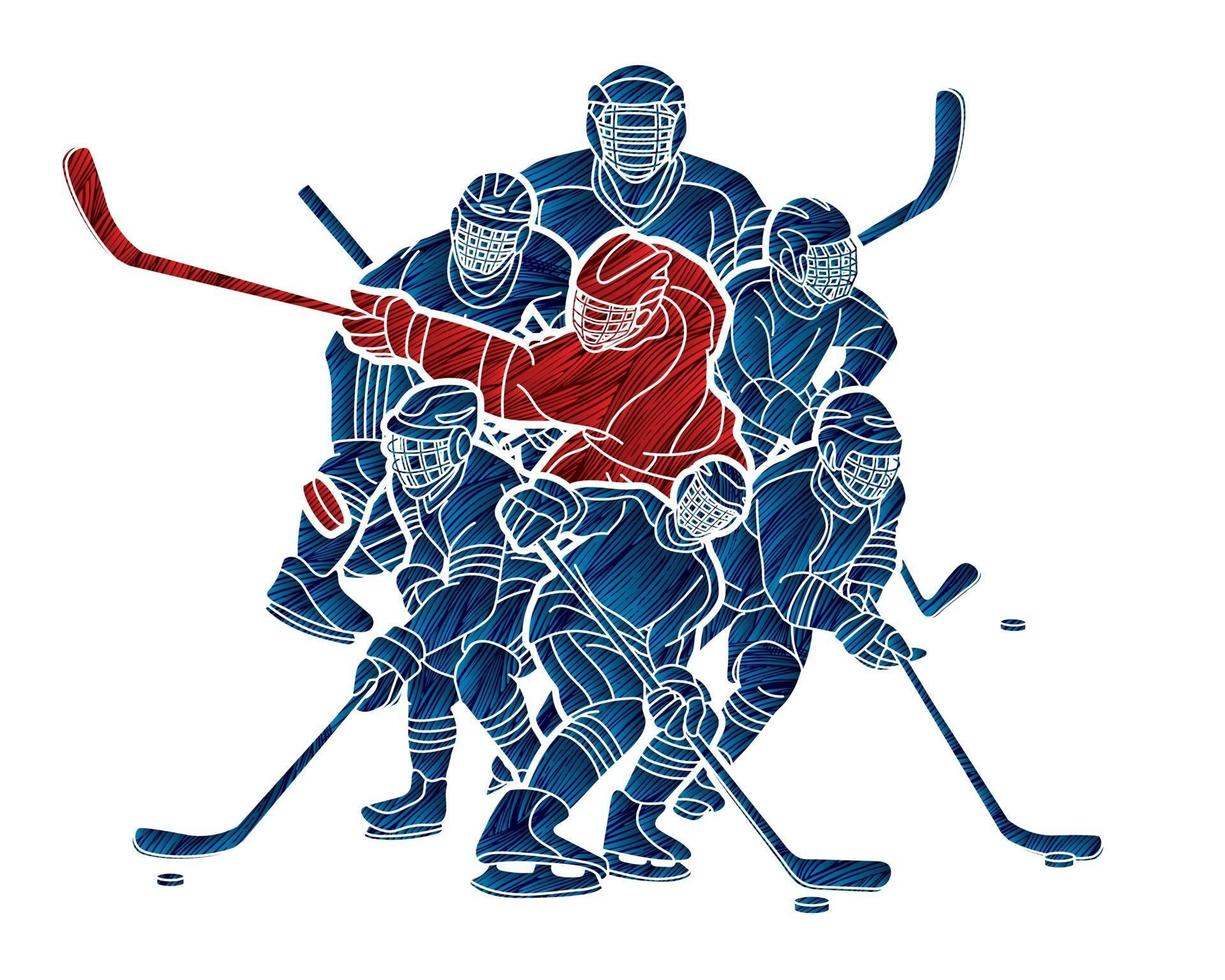 Groupe de silhouette d'action de joueurs de hockey sur glace vecteur