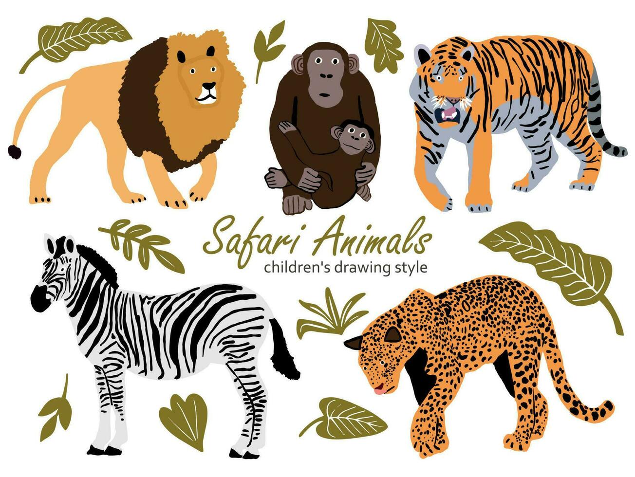 vecteur illustration de mignonne sauvage safari africain animaux. comprenant , lion, léopard, zèbre, tigre, singe avec lionceau marrant dessin animé griffonnage personnages dans scandinave style. des gamins