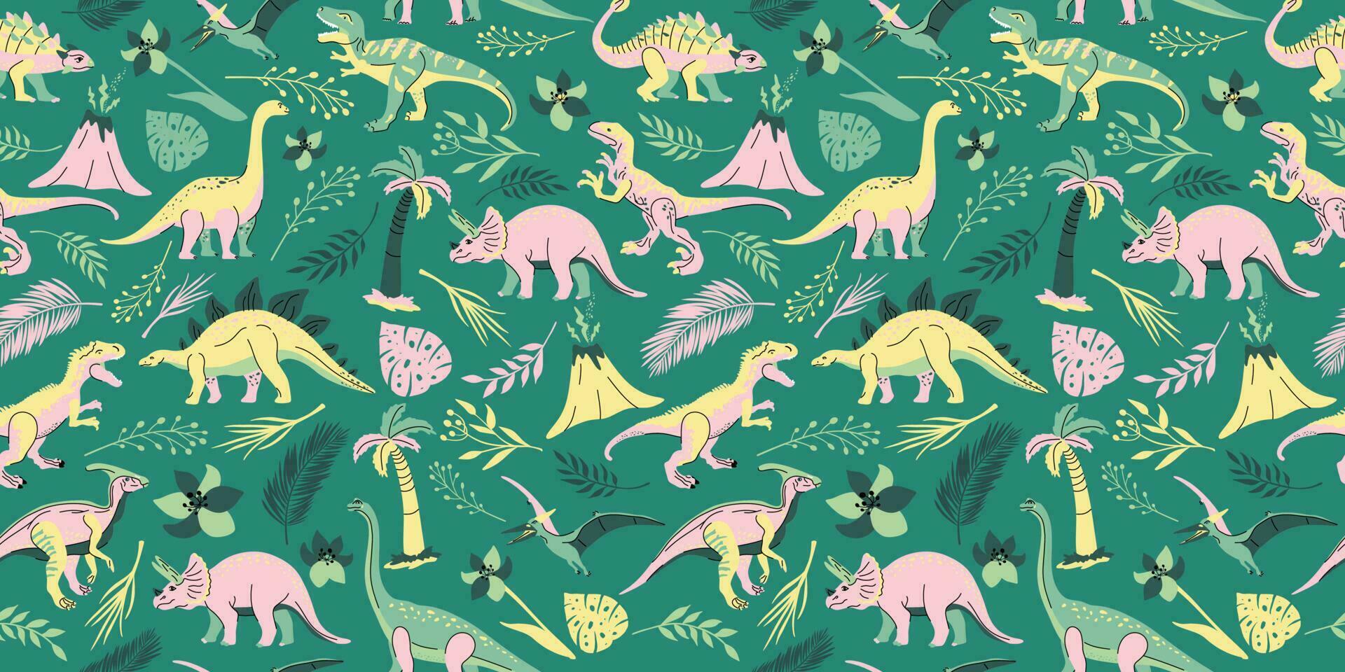 sans couture modèle avec brillant dinosaures et vert les plantes comprenant t-rex, brontosaure, tricératops, vélociraptor, ptéranodon, allosaure, etc. isolé sur foncé Contexte vecteur