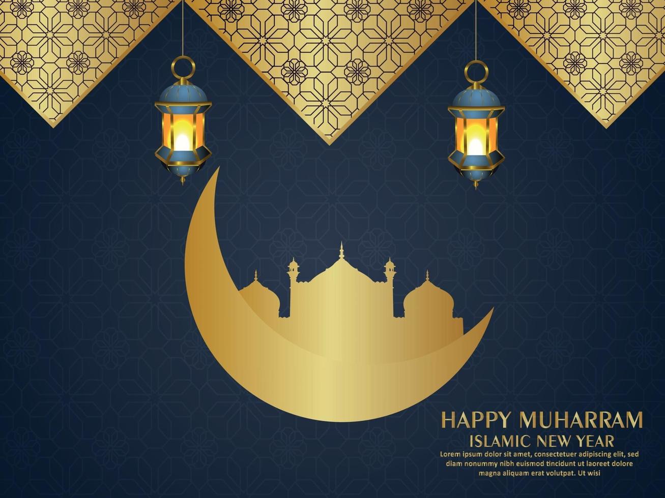 joyeux nouvel an islamique muharram fond avec lune dorée et mosquée vecteur