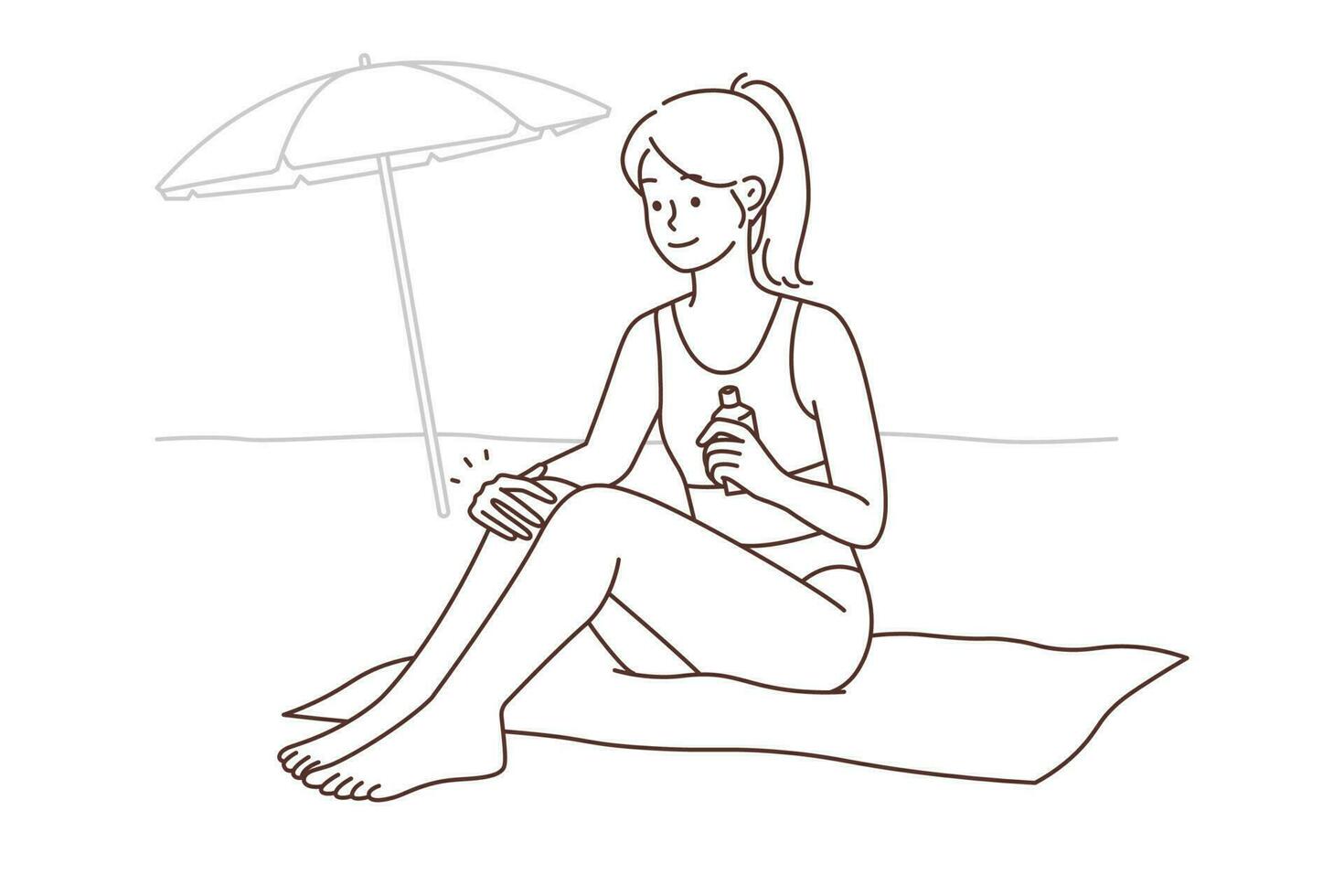 souriant Jeune femme asseoir sur plage appliquer crème solaire sur jambes prendre plaisir été vacances. content fille mettre Soleil protection crème bain de soleil sur rive. vecteur illustration.