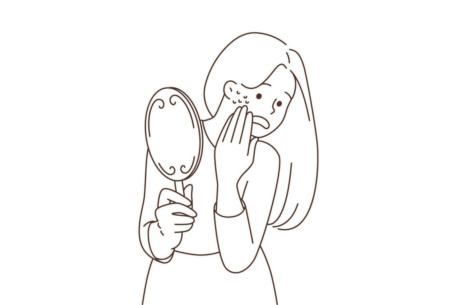 stressé femme Regardez dans miroir inquiet à propos acné sur joues. malheureux femelle anxieux à propos boutons sur affronter. faciale soin de la peau routine. vecteur illustration.