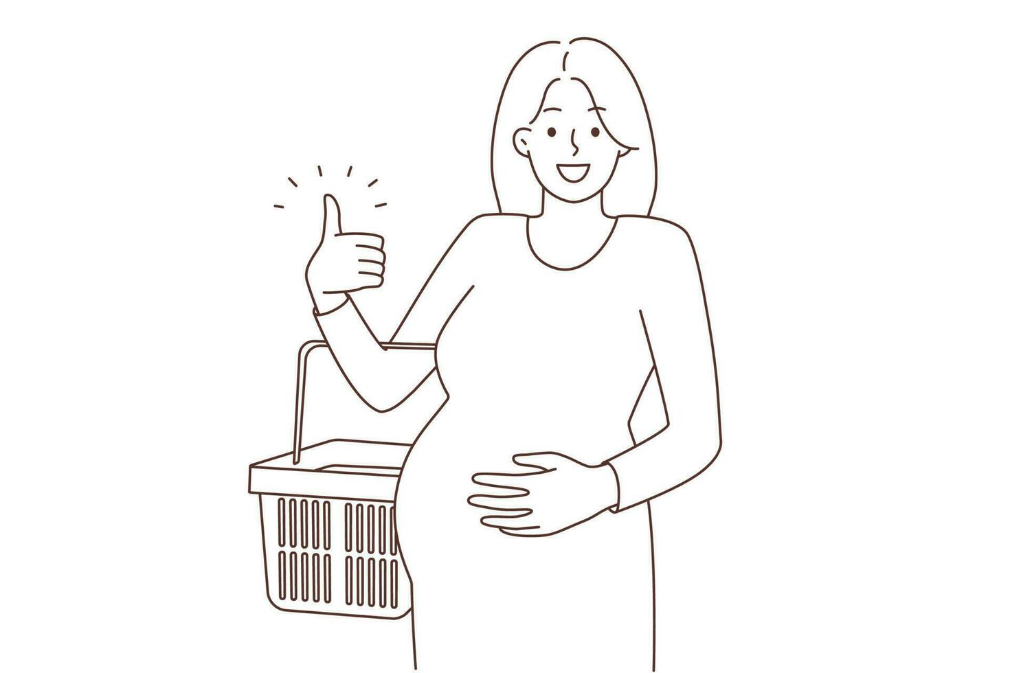 content Jeune Enceinte femme avec panier achats dans centre commercial. souriant femelle avec ventre spectacle pouce en haut excité à propos achat. grossesse concept. vecteur illustration.