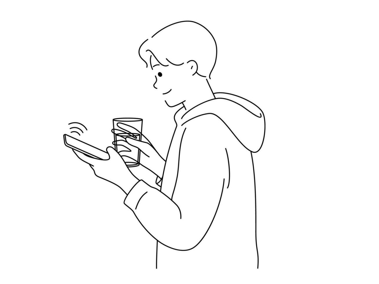 souriant homme en utilisant téléphone portable en buvant l'eau de verre. content Jeune gars tenir téléphone intelligent navigation l'Internet sur appareil. La technologie concept. vecteur illustration.