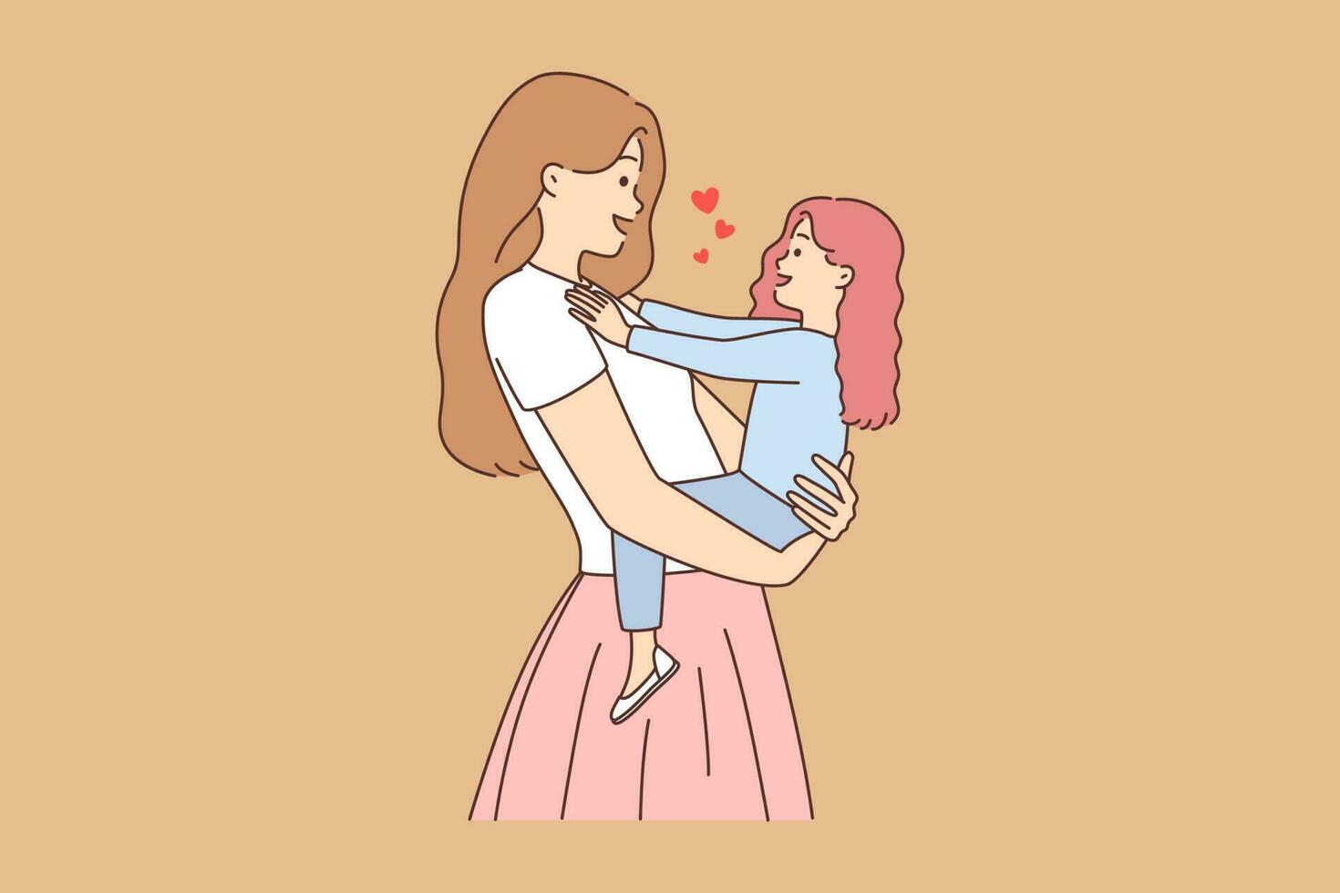 content Jeune mère en portant souriant peu fille dans mains. aimant maman étreindre petit fille enfant spectacle l'amour et se soucier. maternité. vecteur illustration.