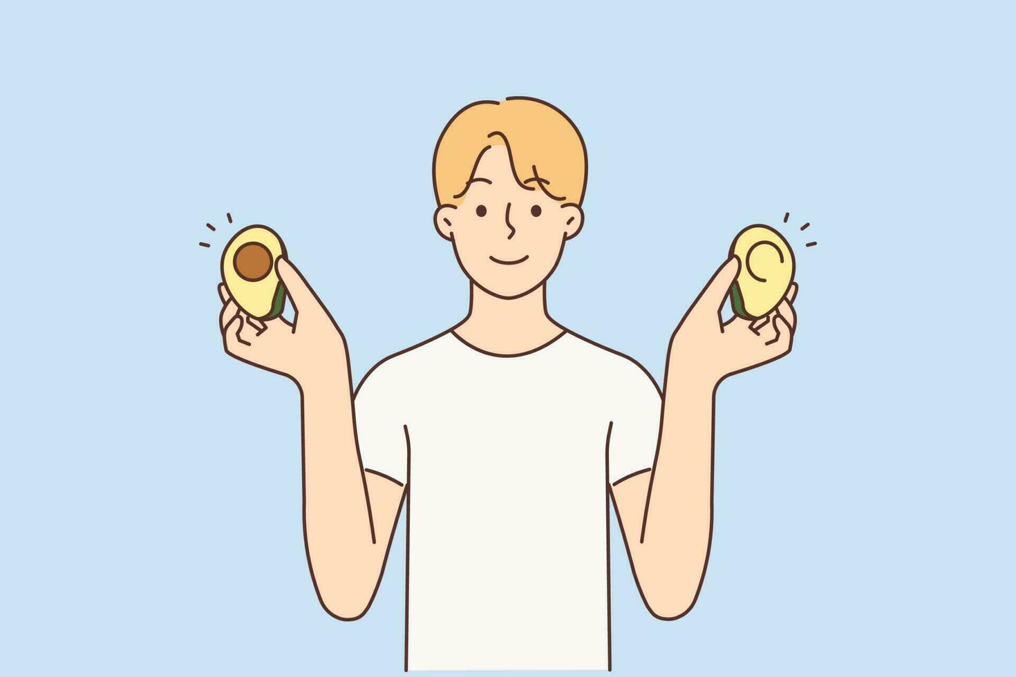 souriant homme en portant Avocat dans mains suivre en bonne santé régime. content gars avec Frais biologique légume recommander bien Naturel nutrition. vecteur illustration.