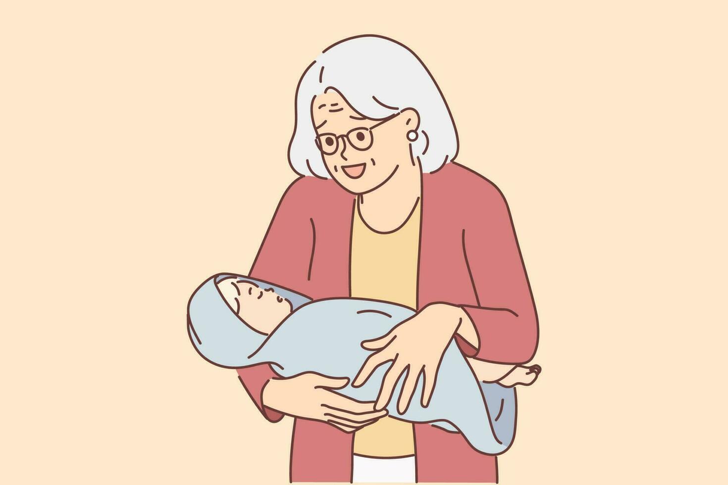 personnes âgées femme avec nouveau née petit fils sourit réjouissance à naissance de Nouveau famille membre. aux cheveux gris grand-mère avec nouveau née petit fils enveloppé dans couverture pour concept de générationnel Succession vecteur