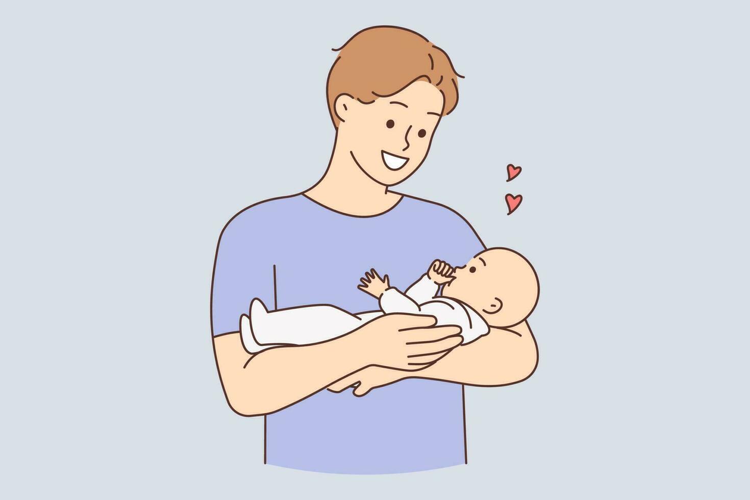 souriant Jeune père en portant bébé dans bras montrant l'amour et se soucier. content papa caresse mignonne nourrisson. paternité et infanterie. vecteur illustration.