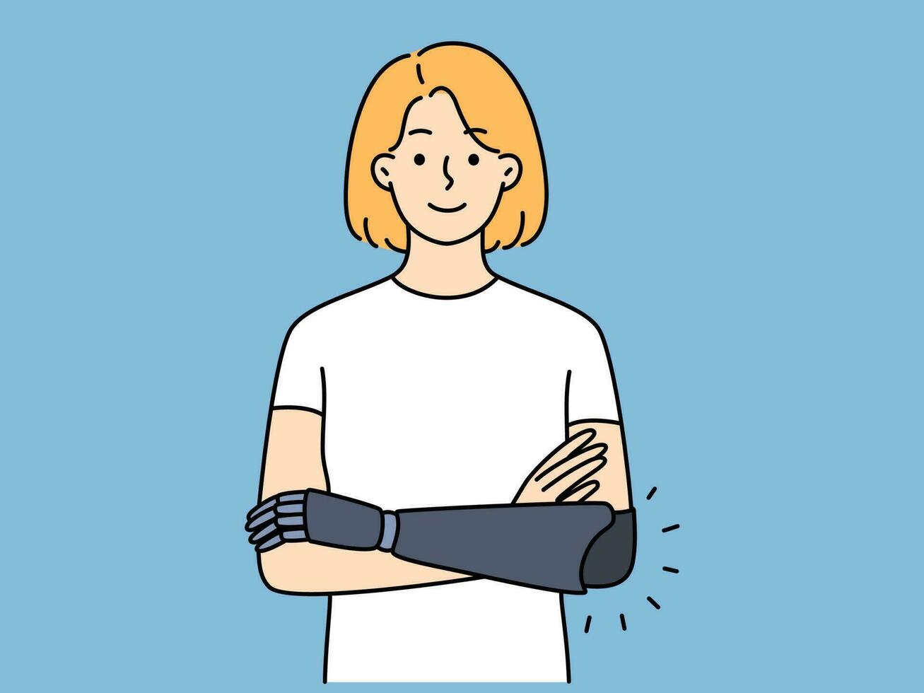 portrait de souriant femme avec main prothèse sentiment optimiste et confiant. content désactivée fille avec prothétique bras. invalidité. vecteur illustration.