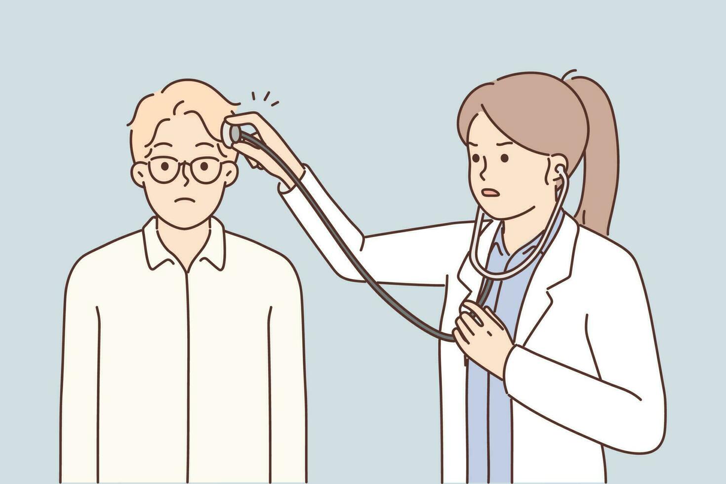 femme médecin met stéthoscope sur patient tête pour concept de traiter maux de tête ou neuro médicament. fille médecin et homme qui tourné à neurothérapeute car de maux de tête ou mental maladies vecteur