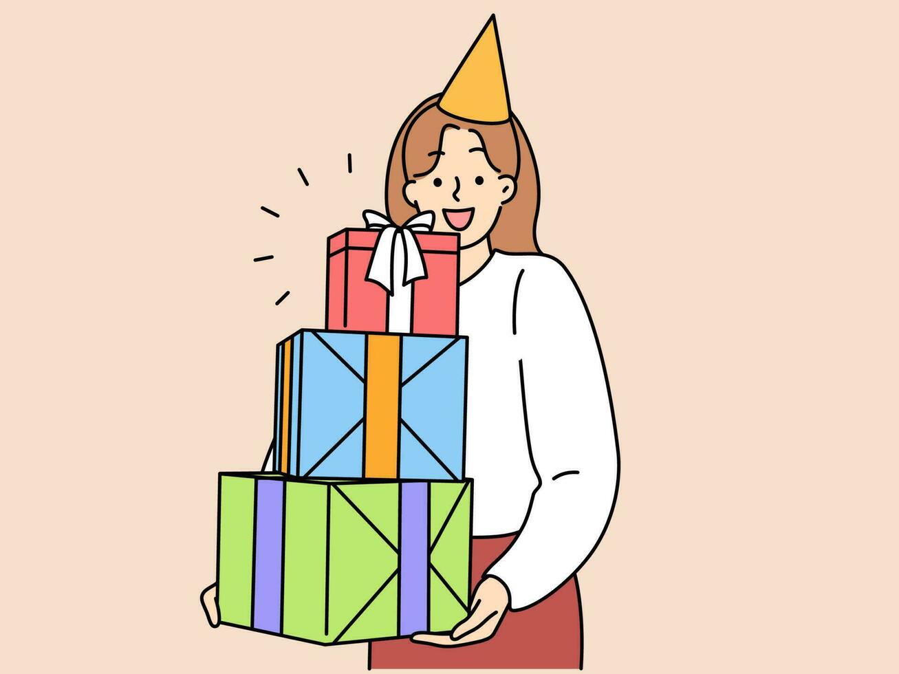 fou de joie femme avec empiler de présente célébrer anniversaire anniversaire. souriant femelle avec pile de cadeaux avoir amusement sur faire la fête. vecteur illustration.