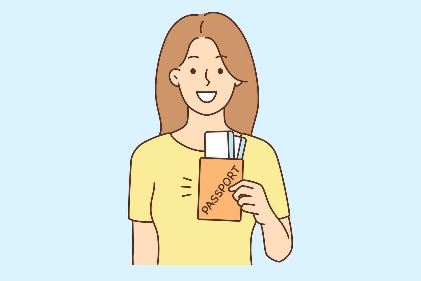 souriant Jeune femme avec passeport excité à propos voyage. content femelle voyageur ou touristique avec les documents fou de joie avec aventure. Voyage et tourisme. vecteur illustration.