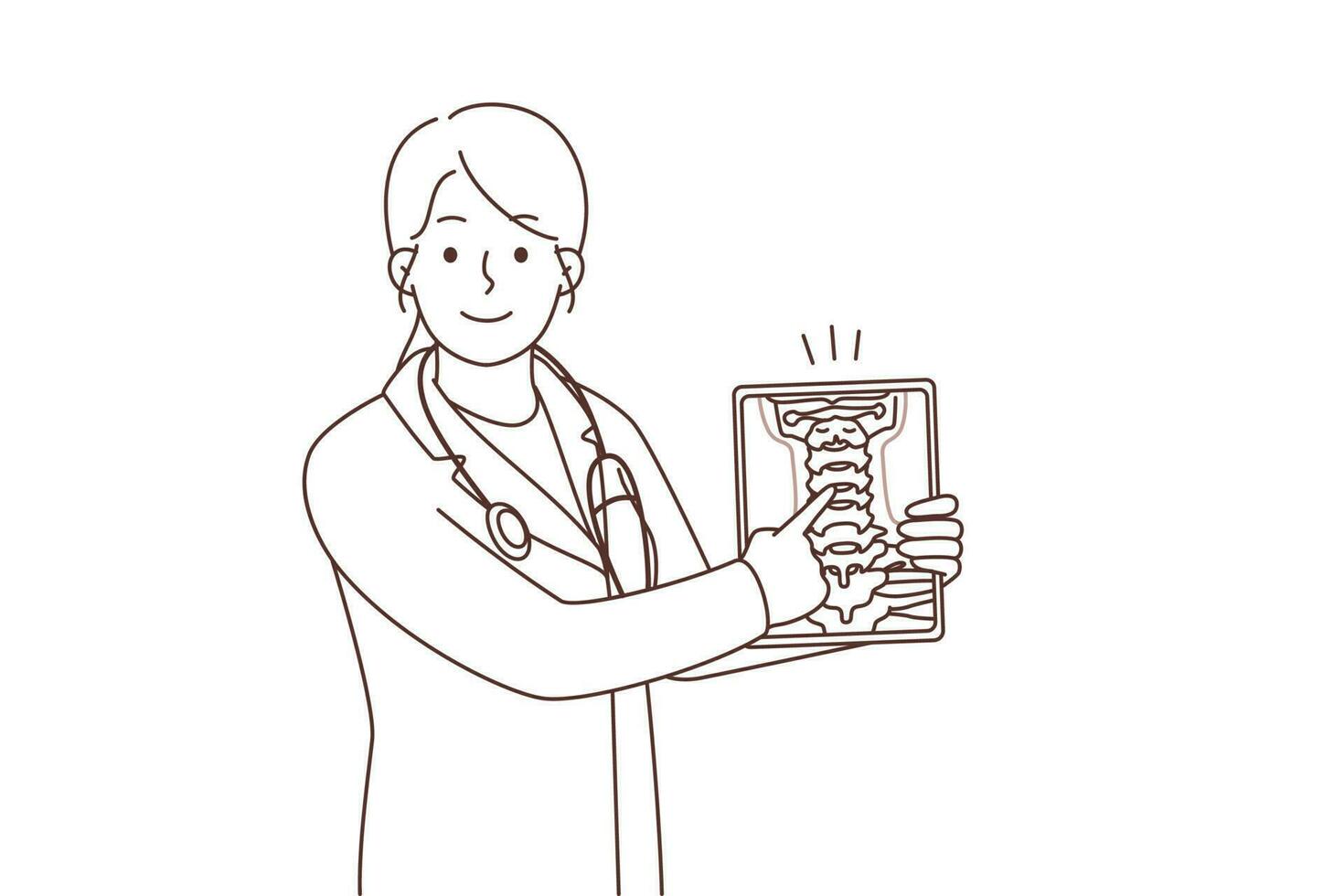 souriant femelle médecin dans blanc médical uniforme spectacle corps organe sur tablette. femme chirurgien de gp démontrer soins de santé problème sur tampon. vecteur illustration.