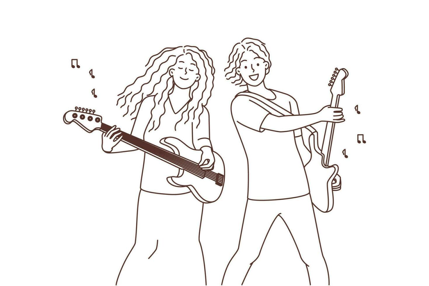 content les musiciens avec guitares en jouant musique. souriant hippie couple avoir amusement performant ensemble. loisir et divertissement. vecteur illustration.