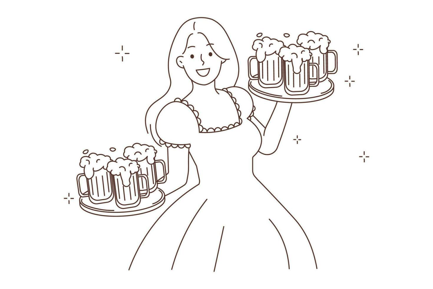 content Jeune femme dans robe avec Bière sur plateaux portion octobre fête de la bière. souriant serveuse avec de l'alcool sur Festival ou événement. vecteur illustration.