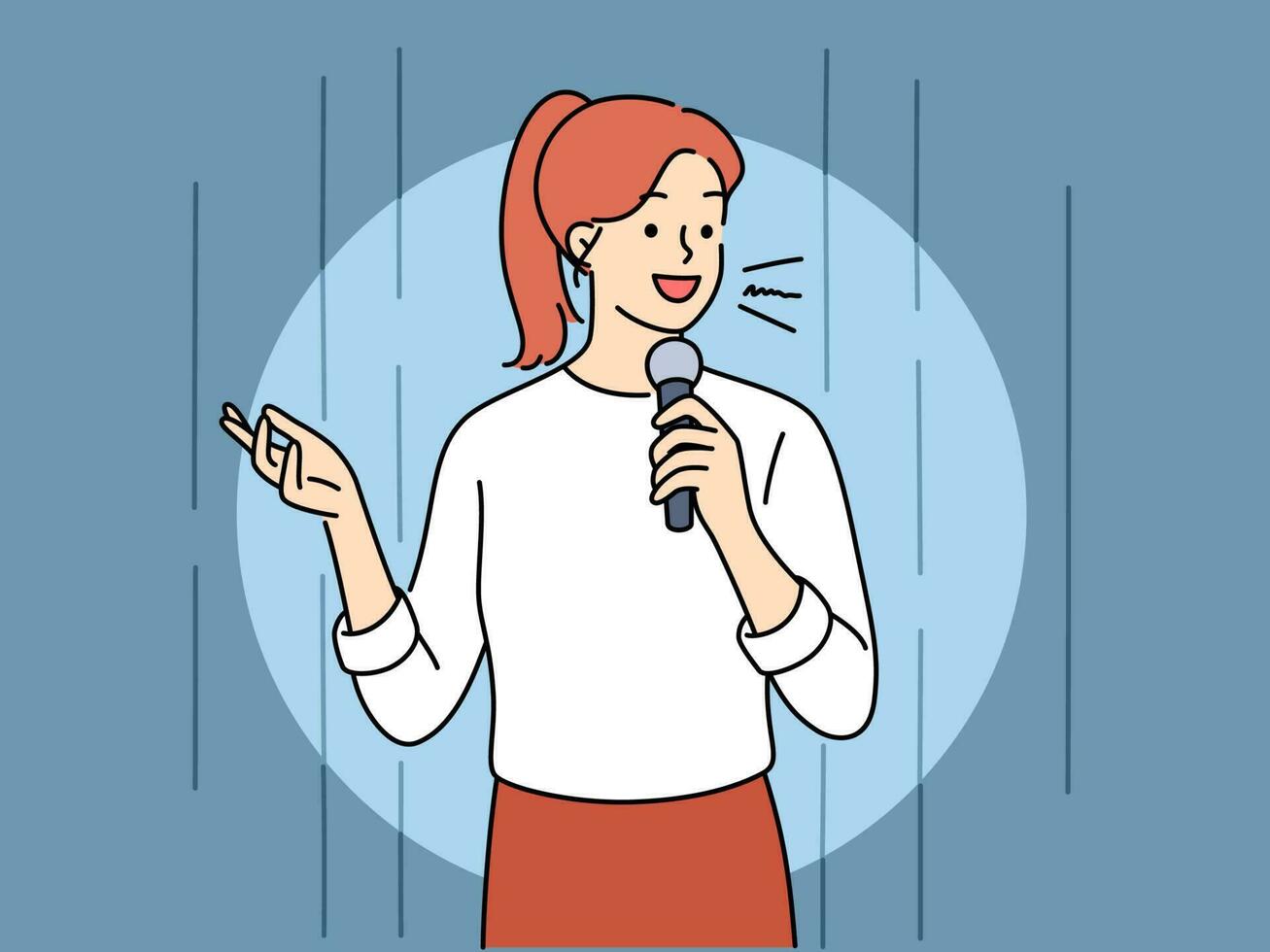 Jeune femme avec microphone performant sur organiser. souriant femelle tenir micro parler dans de face de public. performance concept. vecteur illustration.