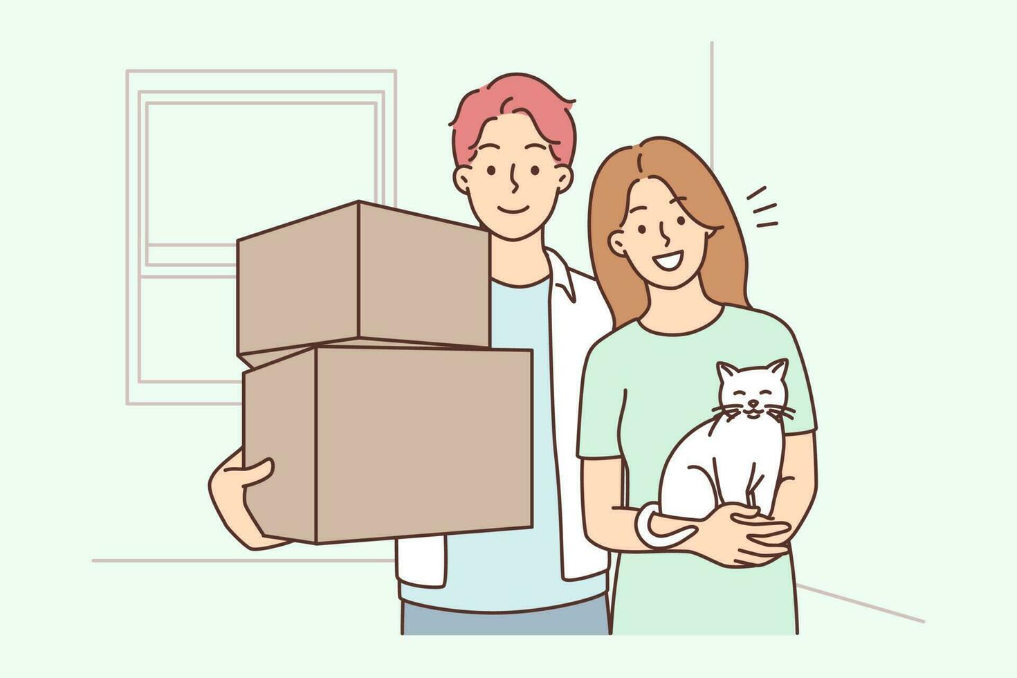 content Jeune famille avec chat en portant des boites en mouvement à Nouveau appartement ensemble. souriant couple avec animal de compagnie déménager à posséder maison. déménagement concept. vecteur illustration.