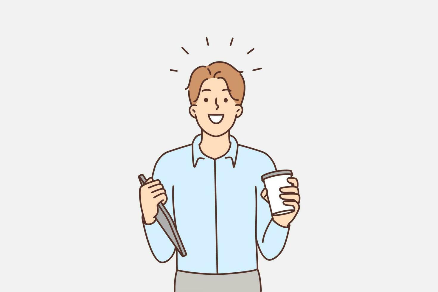 content homme d'affaire avec tablette et café. souriant motivée homme employé ou ouvrier en portant tampon ressentir excité à propos travail journée. vecteur illustration.