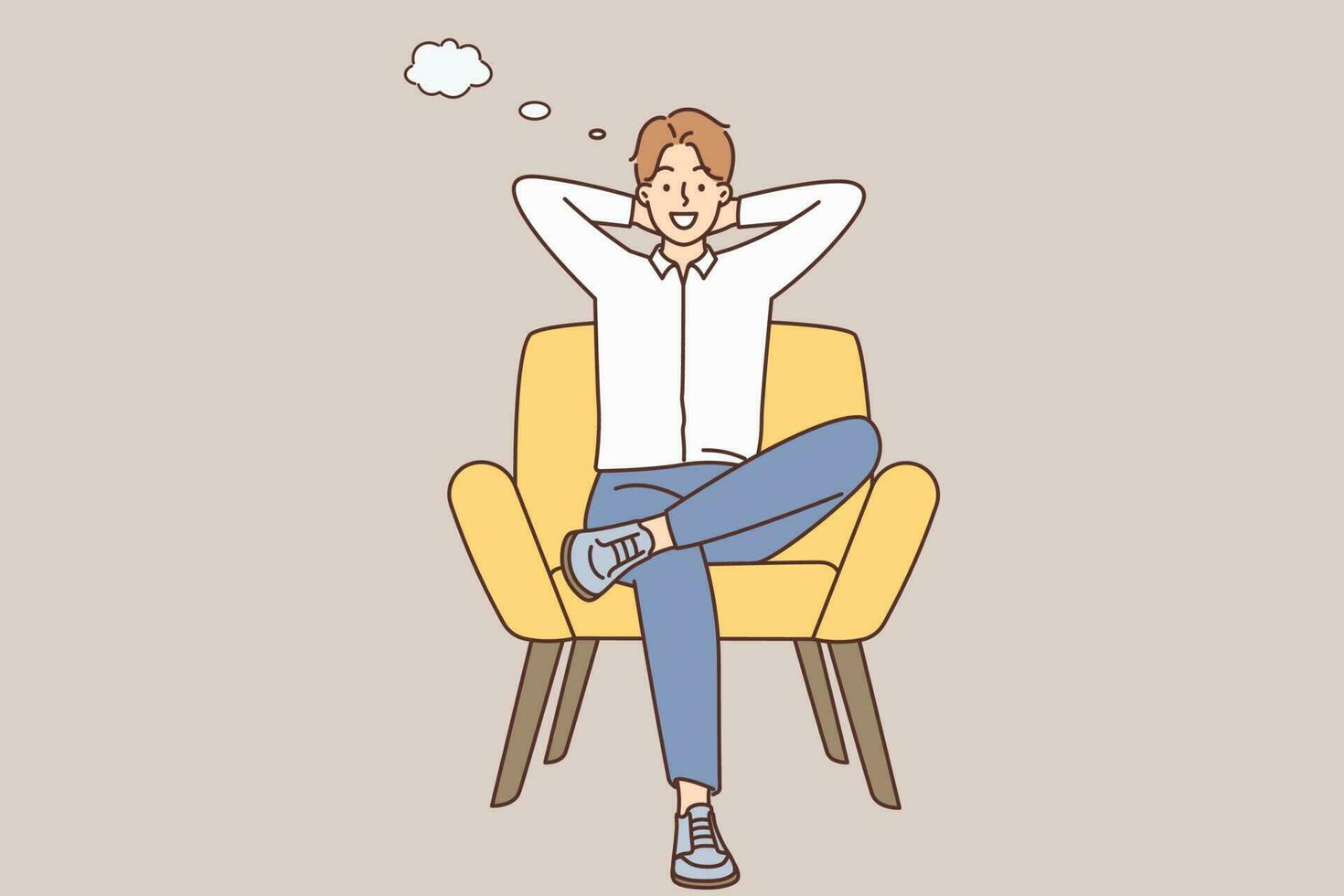 souriant Jeune homme asseoir sur chaise pensée. content Masculin se détendre dans fauteuil avec discours bulles au dessus diriger. idée de génie et relaxation. vecteur illustration.