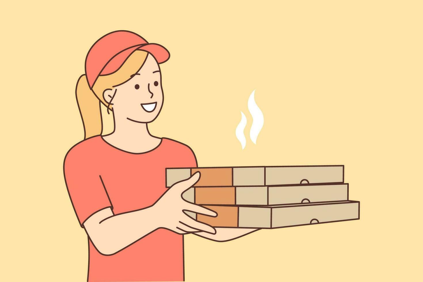 souriant femelle courrier avec Pizza des boites livrer commande à client. content femme avec vite nourriture aller à client. repas livraison concept. vecteur illustration.