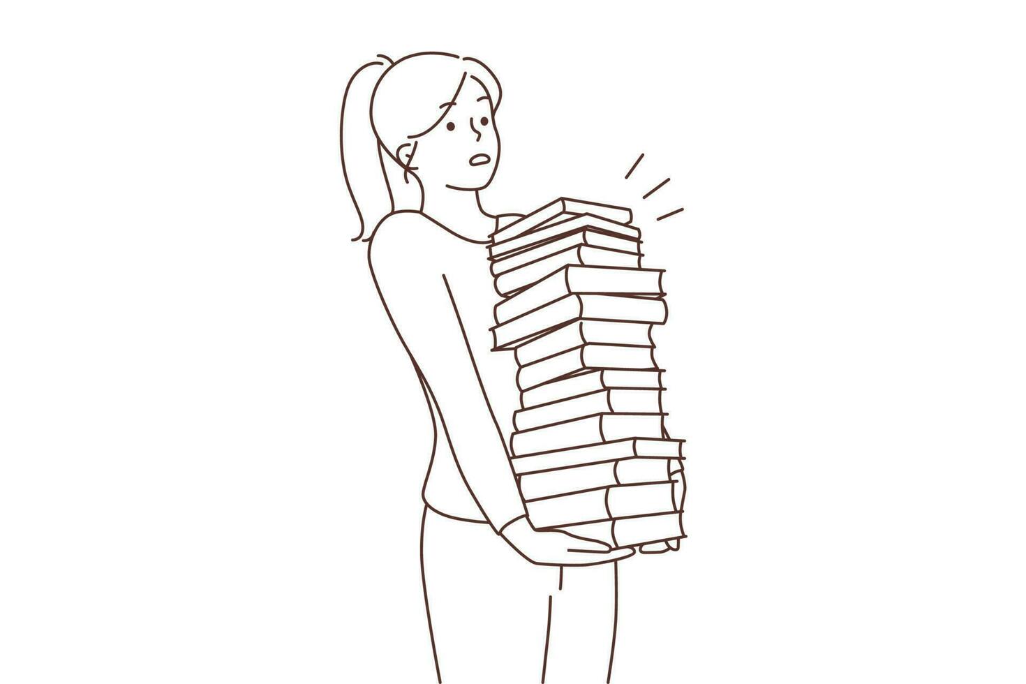 Jeune femme porter empiler de livres de bibliothèque. femelle avec manuels pile. éducation et connaissance. vecteur illustration.