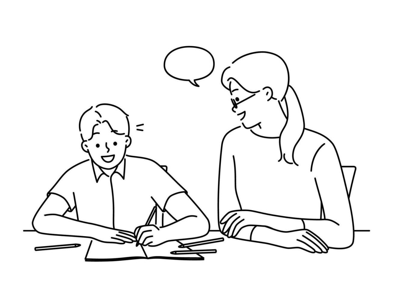 souriant mère Faire devoirs avec content enfant à bureau à maison. Baby-sitter ou prof étude ensemble avec adolescent garçon enfant. éducation et apprentissage. vecteur illustration.