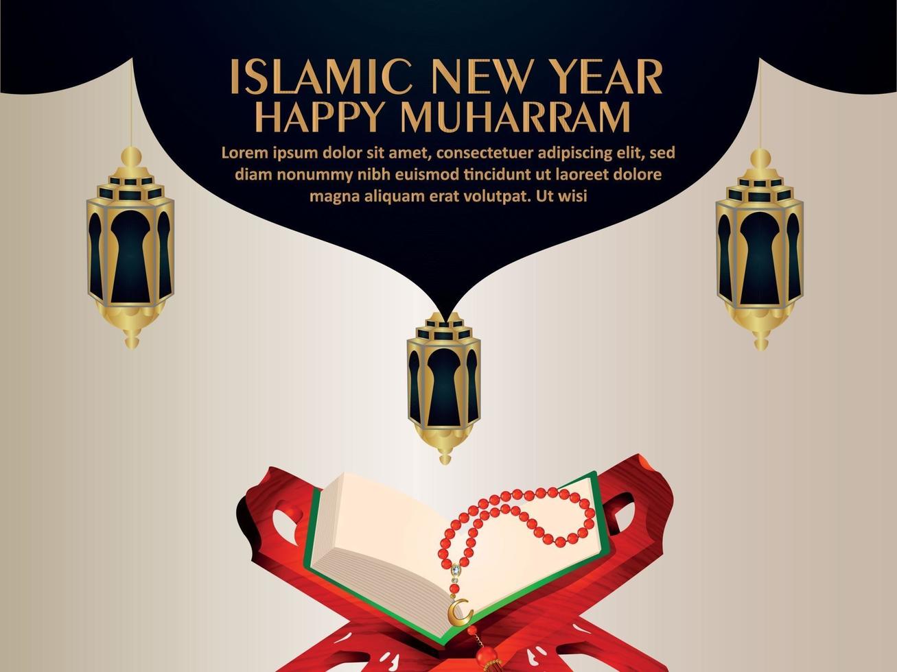 lanterne réaliste de carte de voeux invitation joyeux muharram avec livre sacré du coran vecteur