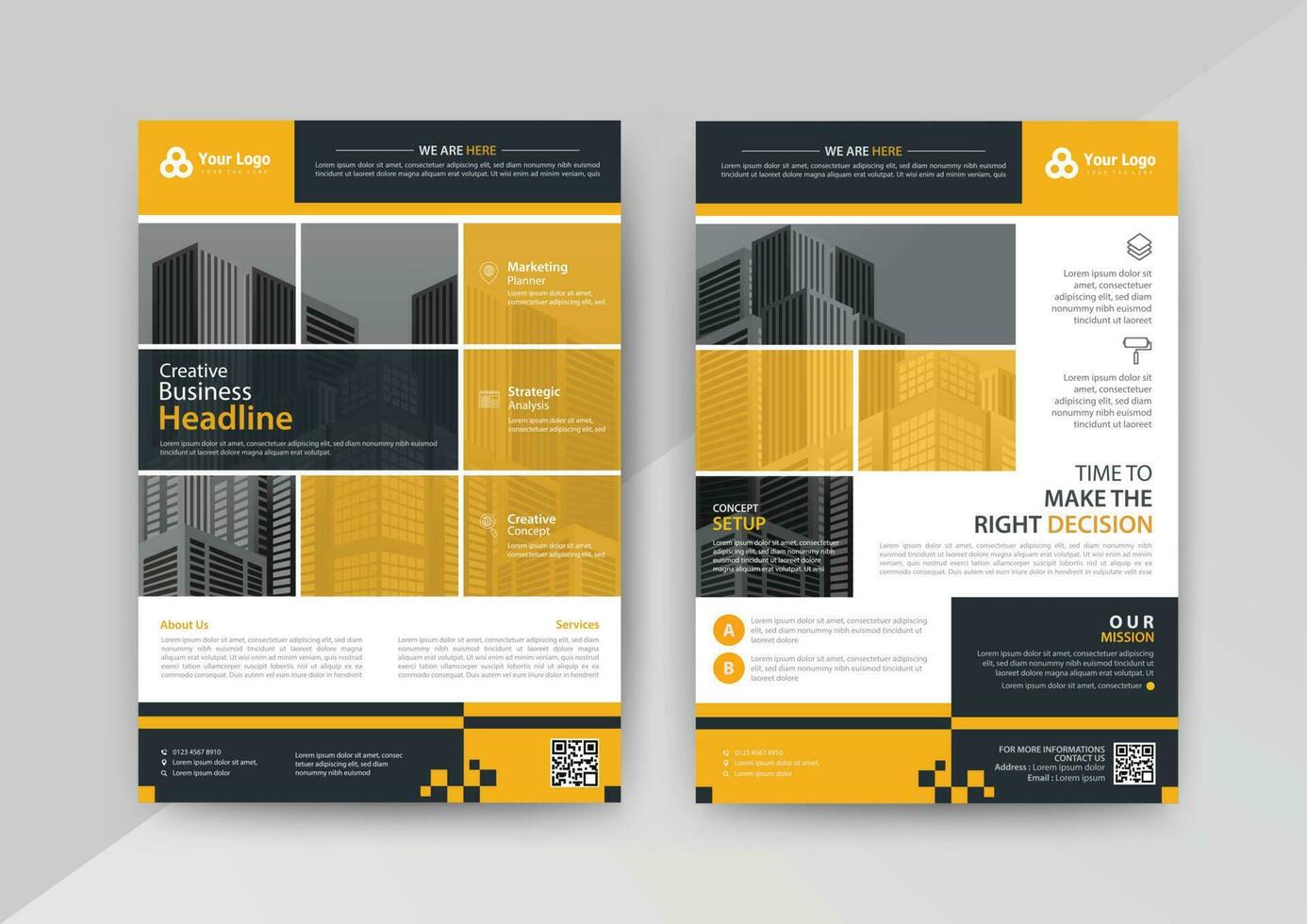 affaires abstrait vecteur modèle pour brochure, rapport annuel, magazine, affiche, entreprise présentation, portefeuille, prospectus, marché, infographie avec Jaune et noir Couleur Taille a4, de face et dos.