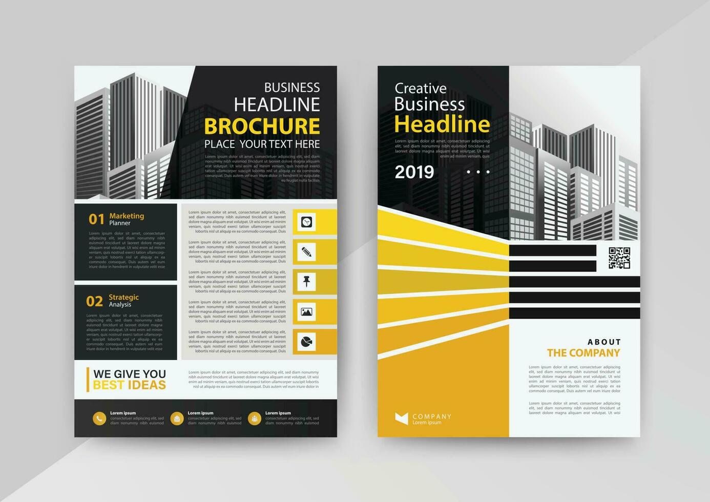 affaires abstrait vecteur modèle pour brochure, rapport annuel, magazine, affiche, entreprise présentation, portefeuille, prospectus, marché, infographie avec Jaune et noir Couleur Taille a4, de face et dos.