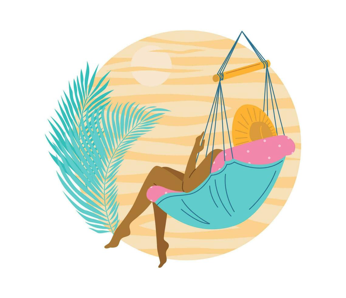 une femme dans une maillot de bain et une chapeau dans la nature mensonges dans une pendaison chaise. paume branches. relaxation, été ambiance. vecteur plat illustration