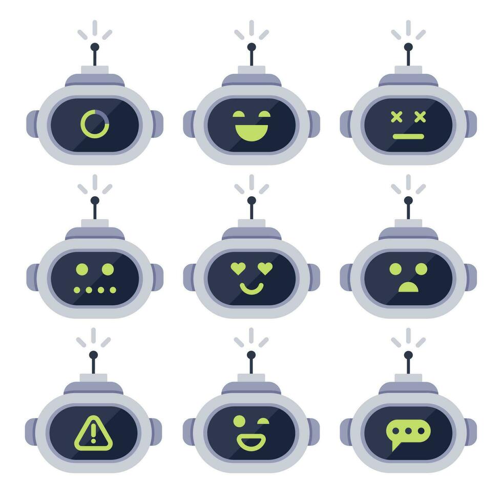 chatbot avatar. ordinateur bavarder robots, Android robot faciale expressions et robotique cyborg diriger. des robots logo ou bot vecteur icône ensemble