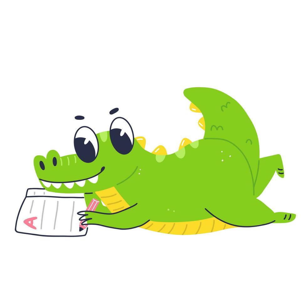 mignonne crocodile personnage écrit dans une carnet. dessin animé plat bébé crocodile est en train de lire une livre. vecteur isolé illustration.