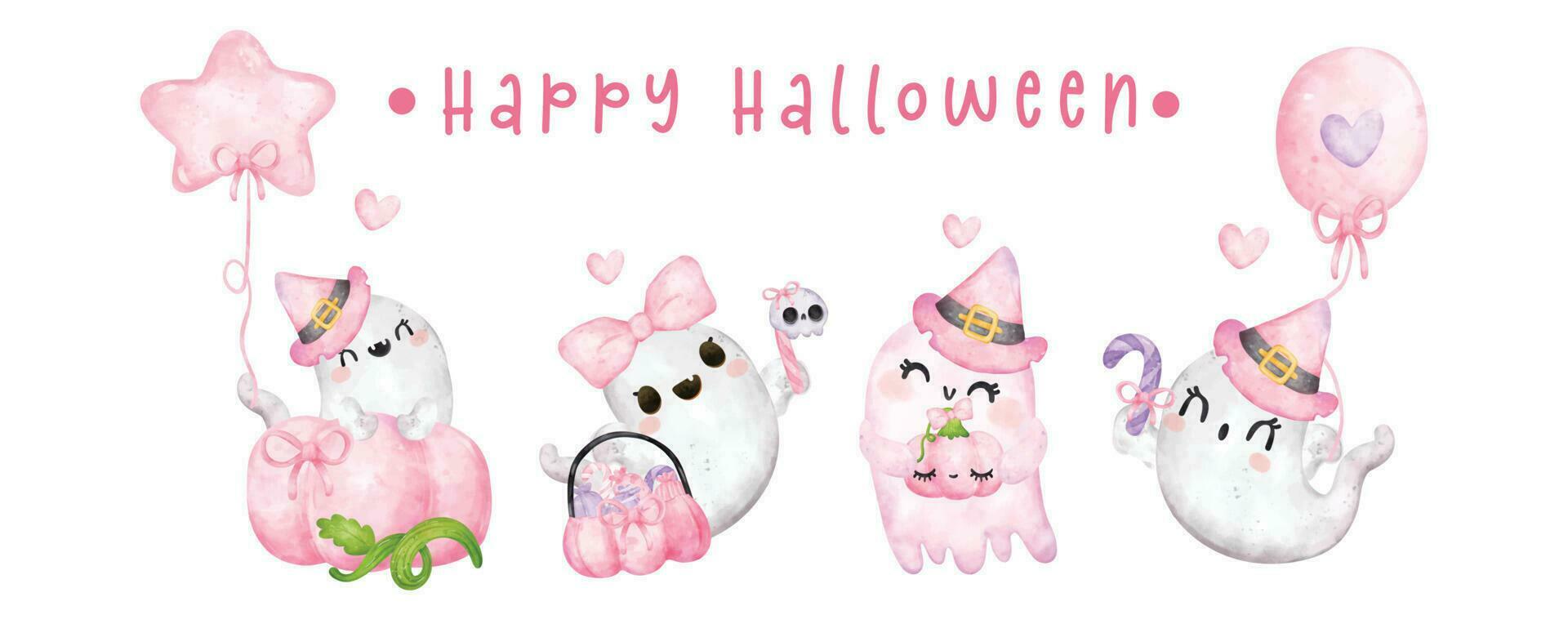 groupe de mignonne content sourire kawaii fantôme rose Halloween , content Halloween bannière, dessin animé personnage aquarelle main peint vecteur