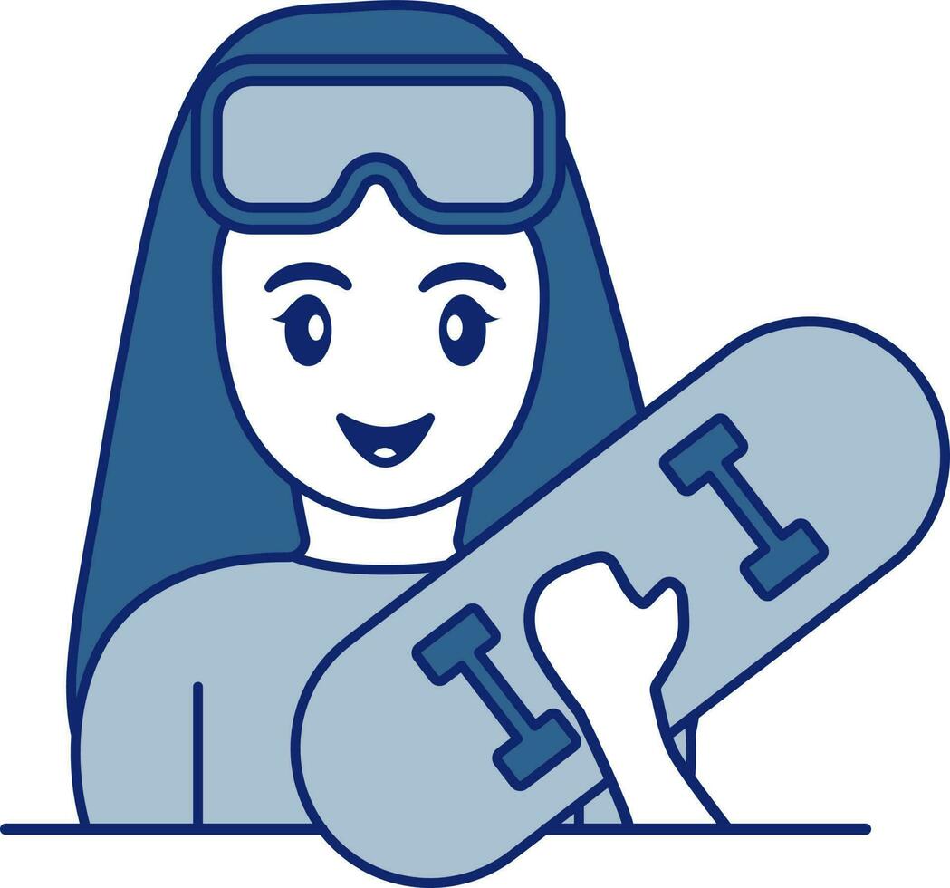 Jeune fille en portant planche à roulette icône dans bleu et blanc couleur. vecteur