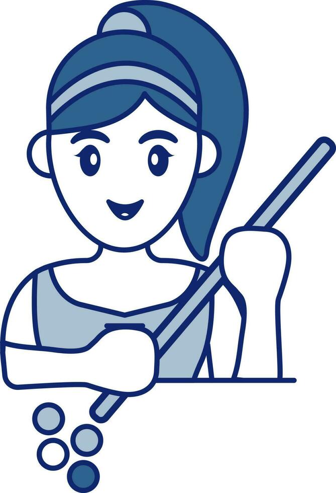 femme en portant billard bâton avec des balles icône dans bleu et blanc couleur. vecteur