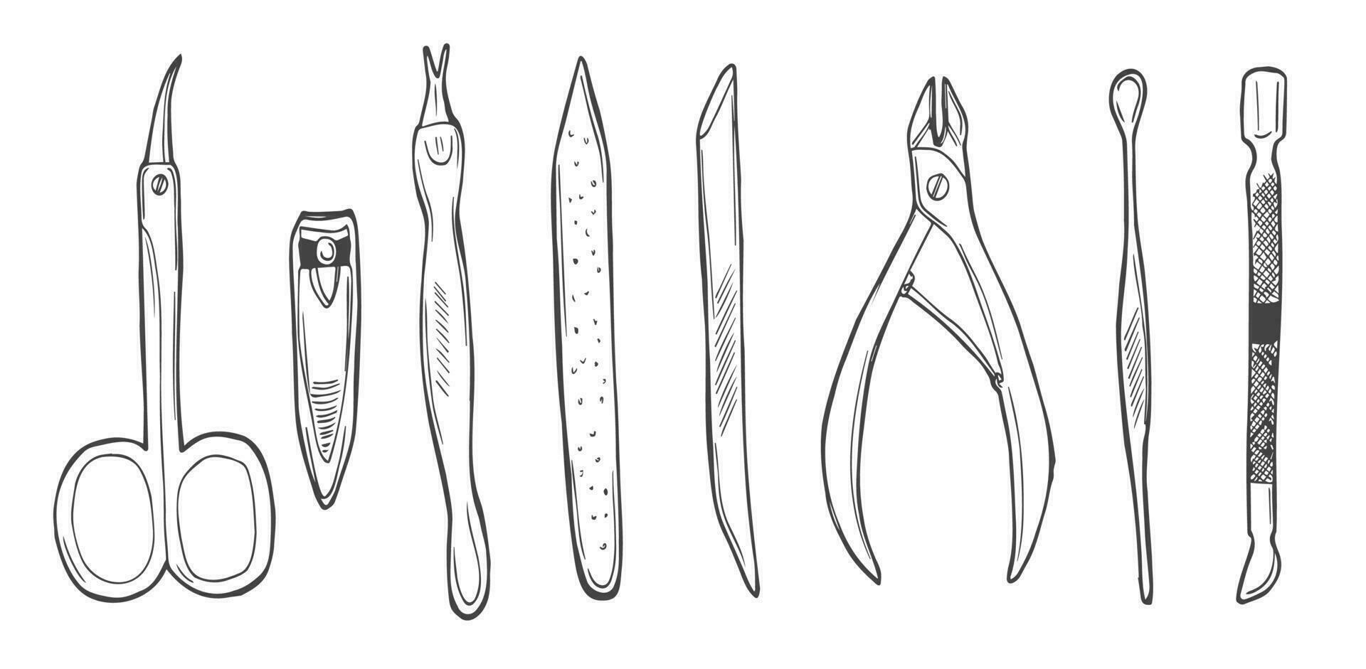 beauté et se soucier manucure et pédicure outils et des produits ensemble. main dessin griffonnage esquisser illustration vecteur. ciseaux, cuticule pince, clou des dossiers, clou polonais, clou tondeuses, vernis, pousseurs vecteur