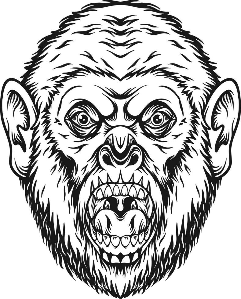 effrayant rugir gorille tête visage en colère Roi jungle logo des illustrations monochrome vecteur des illustrations pour votre travail logo, marchandise T-shirt, autocollants et étiquette conceptions, affiche, salutation cartes