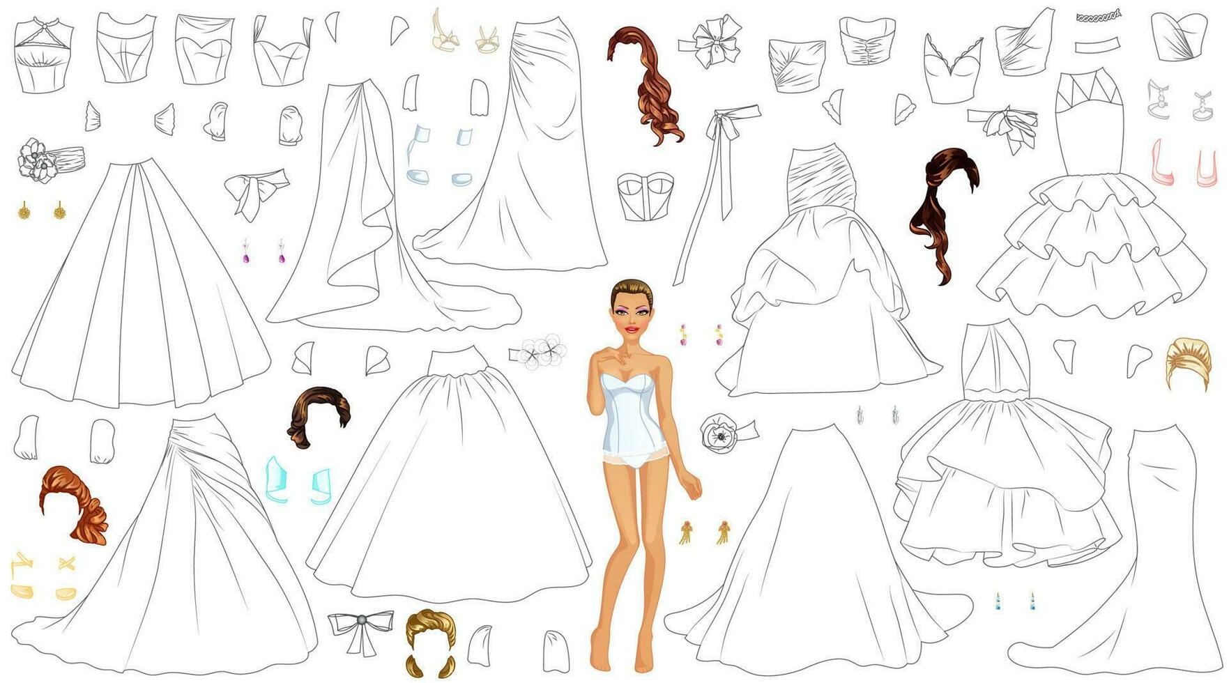 mariage robe coloration page papier poupée avec vêtements, coiffures, des chaussures et accessoires. vecteur illustration