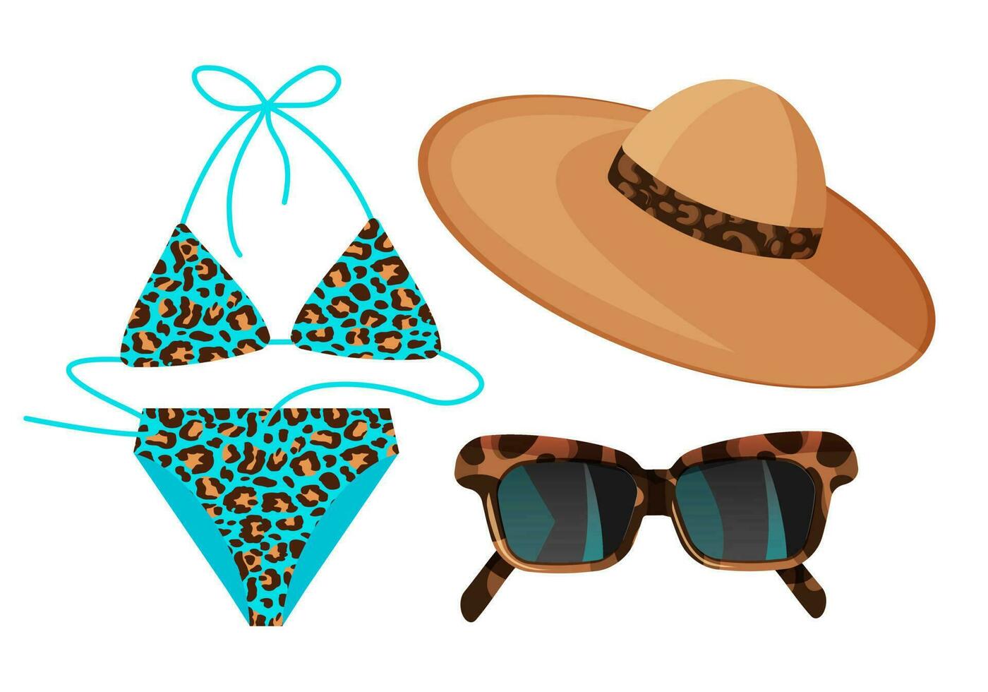 ensemble de mode accessoires de le Soleil. été ensemble. léopard bleu maillot de bain, chapeau et des lunettes de soleil. vecteur