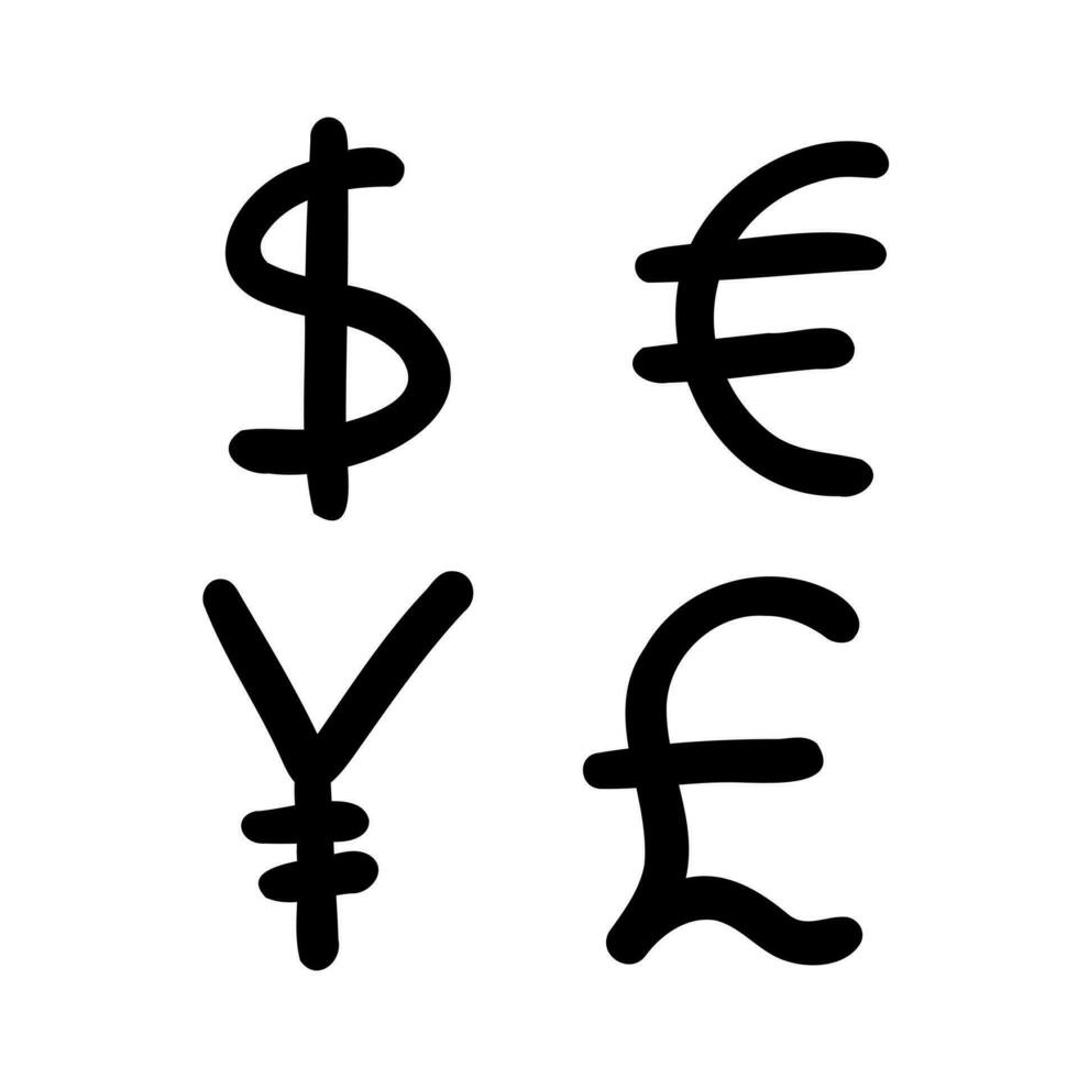 griffonner devise argent la finance signe Icônes euro, dollar, yen, livre ensemble. vecteur illustration dans main fabriqué dessin animé griffonnage style isolé sur blanc Contexte. pour présentation, banques, logo, entreprise.