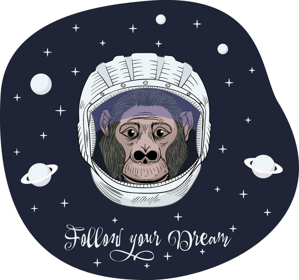 singe dans le astronaute casque. suivre votre rêver - caractères Devis. humour carte, T-shirt composition, main tiré style imprimer. vecteur