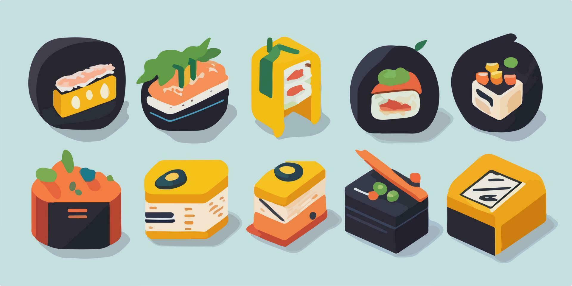 savoureux dessin animé joie, vibrant illustration de une coloré Sushi ensemble vecteur