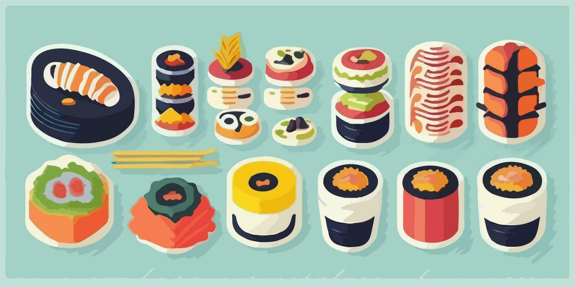 kawaii Sushi joie, charmant et coloré dessin animé illustration vecteur