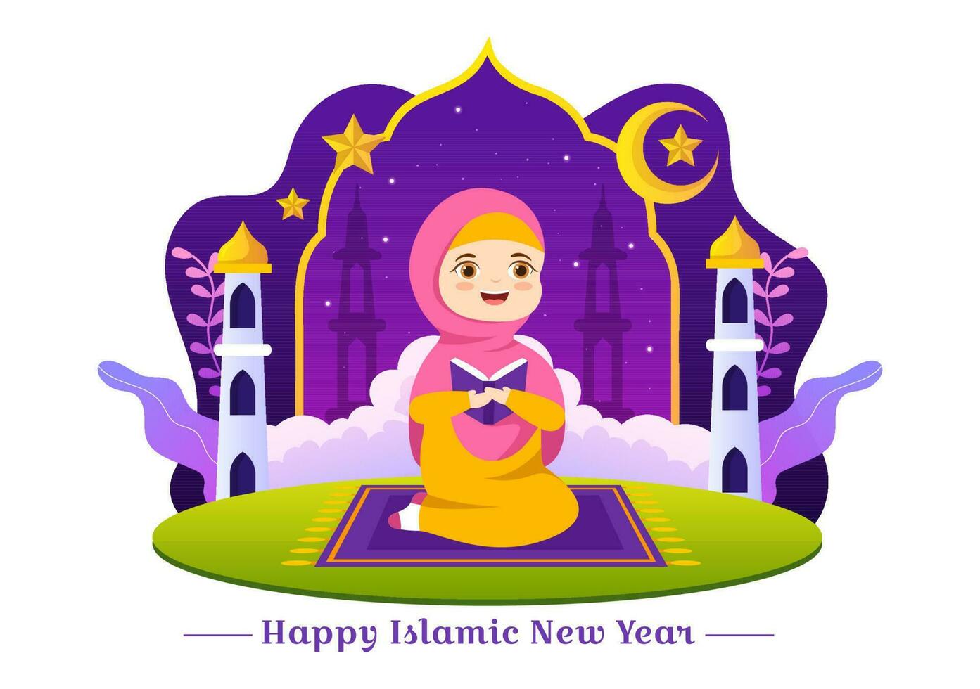 content muharram vecteur illustration avec des gamins célébrer islamique Nouveau année dans plat dessin animé main tiré atterrissage page Contexte modèles