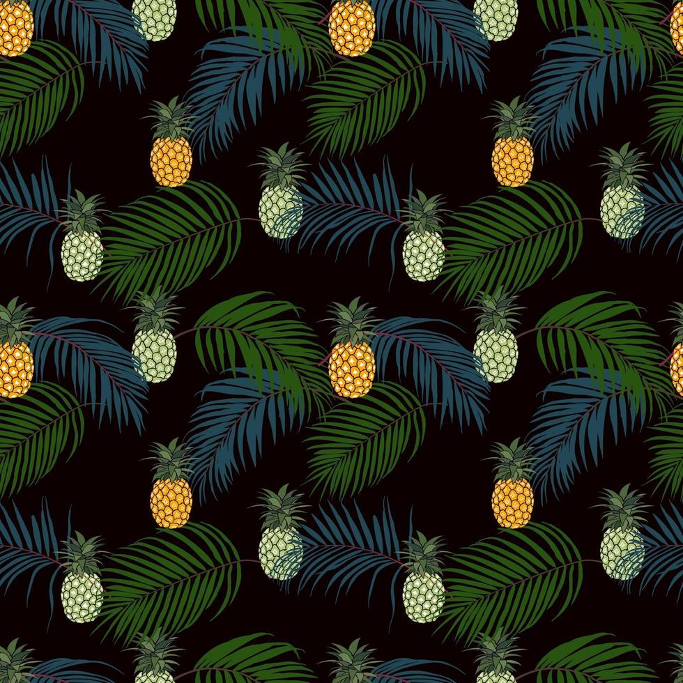 feuilles tropicales colorées et ananas sur modèle sans couture de fond sombre, pour la mode, le tissu, le textile, l'impression ou le papier peint vecteur